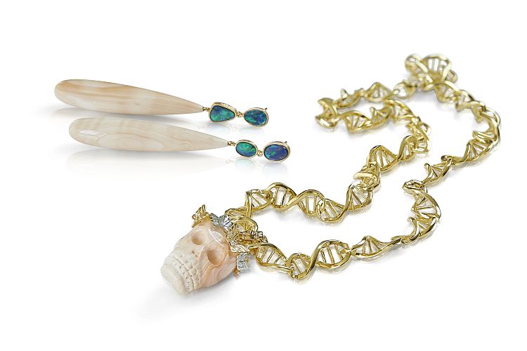 K Brunini Earrings & Necklace made from shell pieces from Madagascar, repurposed 1920s rock crystal pendulums, opals and faint pink diamonds from Australia.
