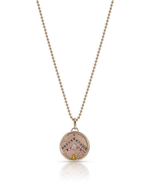 Julez Bryant Mayo 14-karat rose gold rimmed medallion with mountain etching, teal and white diamonds and pink and orange natural sapphires.  