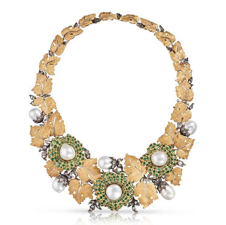 Bouquet demi-parure set with cultured pearls, emeralds and diamonds, designed by Gianmaria Buccellati. 