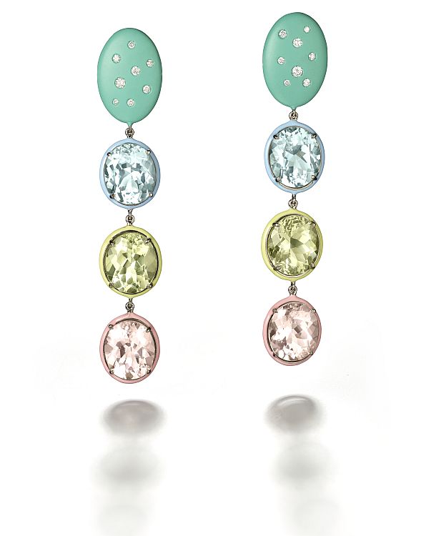  Suzanne Syz. Aquamarines, green beryls and morganites blend in with titanium in matching shades in these diamond-set earrings. 