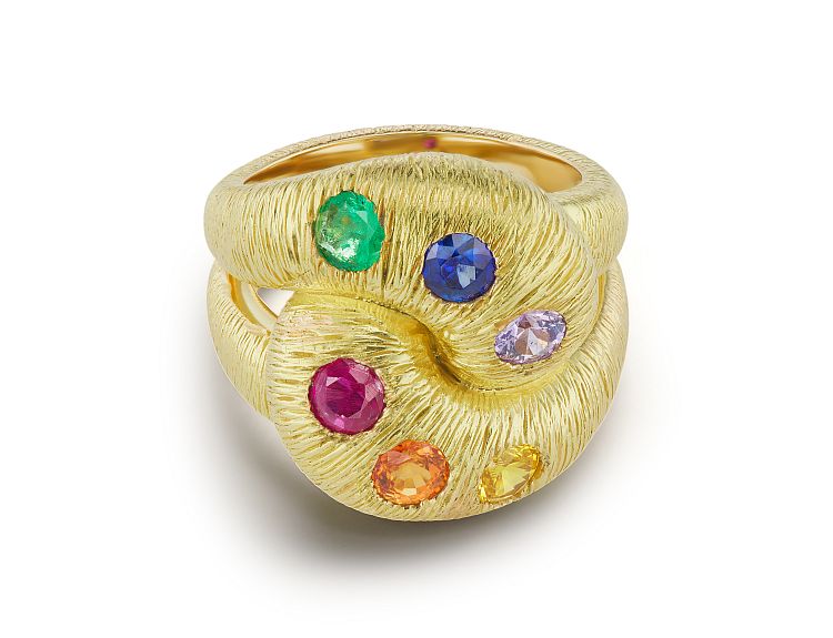 Brent Neale textured knot ring in 18-karat yellow gold with multi-colored sapphires. 