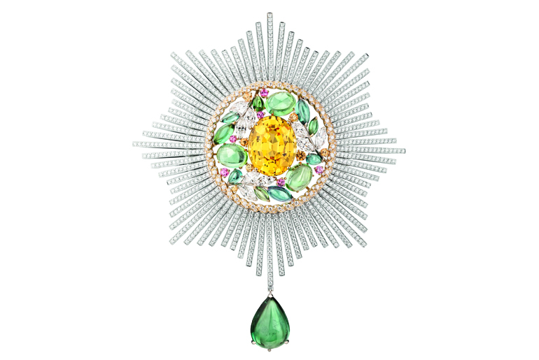Chanel Blé Maria brooch boasts a yellow sapphire, diamonds, pink spinels, mandarin garnets and mint-green tourmalines in 18-karat white gold.