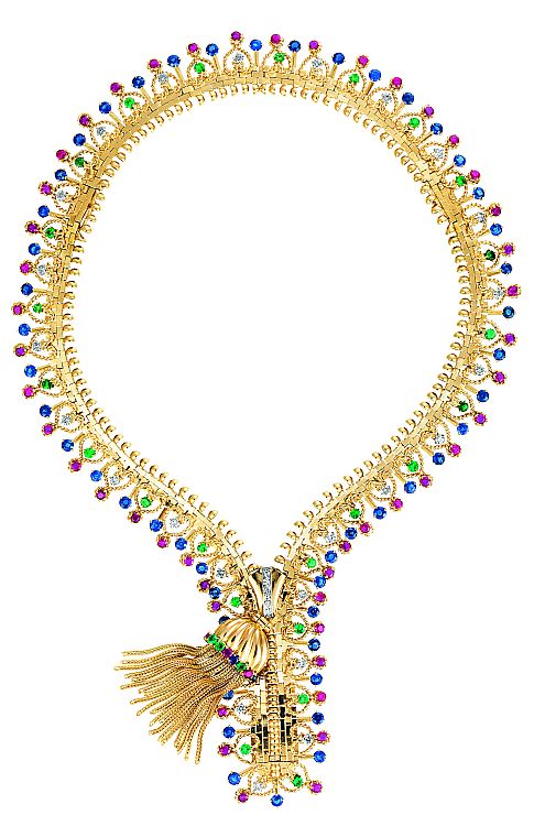 Van Cleef & Arpels Zip necklace in platinum, yellow gold, sapphires, emeralds, rubies, and diamonds, 1951. 