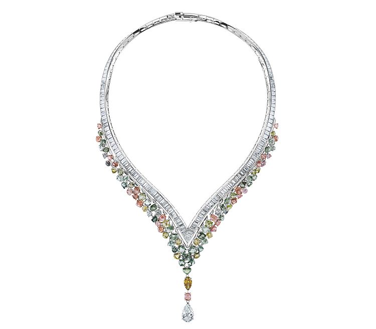 De Beers.  This 18-karat white-gold Knysna Chameleon necklace holds a variety of pastel-hued diamonds. 
