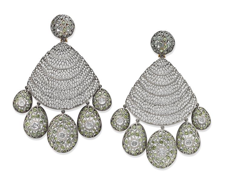 Sabba green sapphire and diamond ear pendants. 