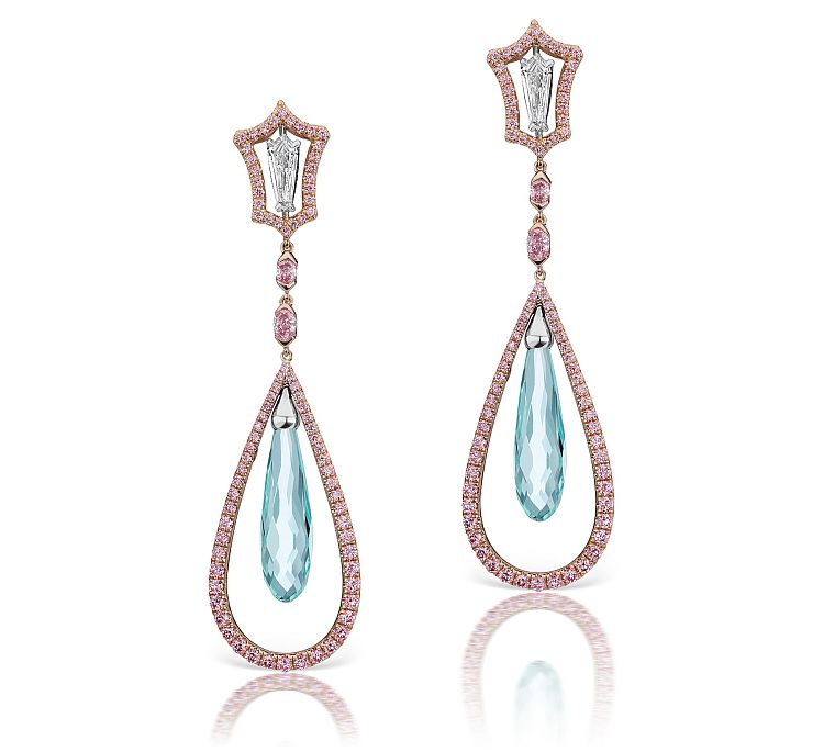 J Fine. Aquamarine briolettes sit prettily next to pink and white diamonds in these earrings.