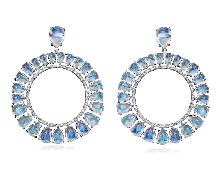 Nina Runsdorf. These Clair de Lune frontal hoop earrings in 18-karat white gold contain pavé diamonds and pear-shaped moonstone cabochons. 