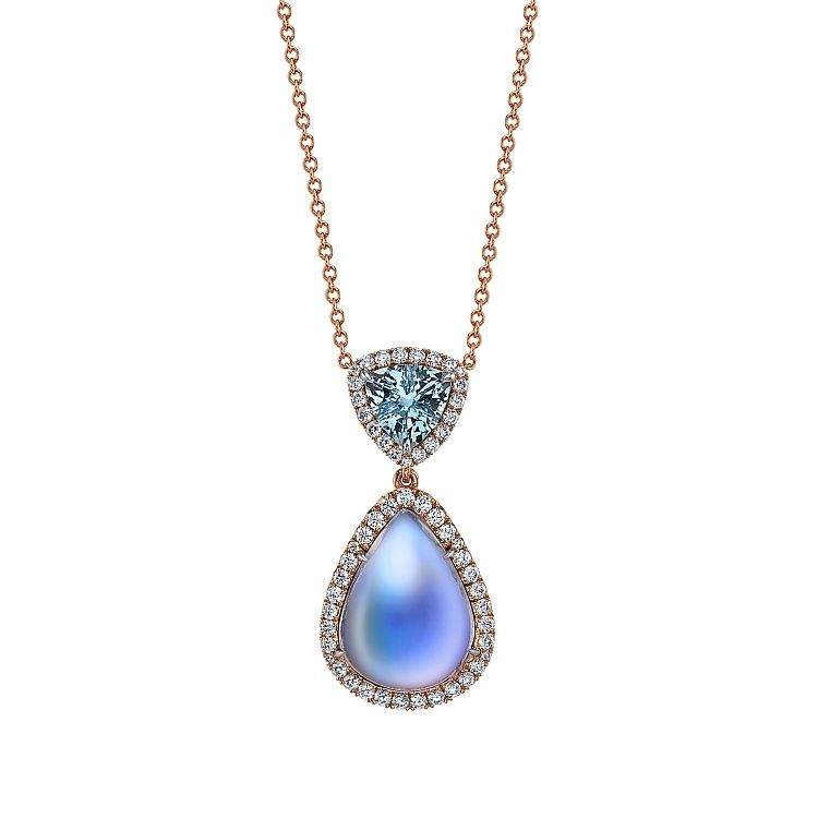 Omi Privé. A pear-shaped moonstone, diamond pavé and a trillion-cut aquamarine give this 18-karat rose-gold pendant a pastel shimmer. 