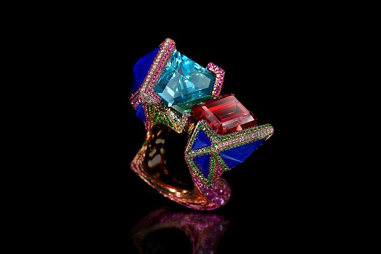 Wallace Chan My Dreams tension set ring with rubellite, aquamarine, diamonds, tsavorite garnets, pink sapphires and lapis lazuli in titanium. 