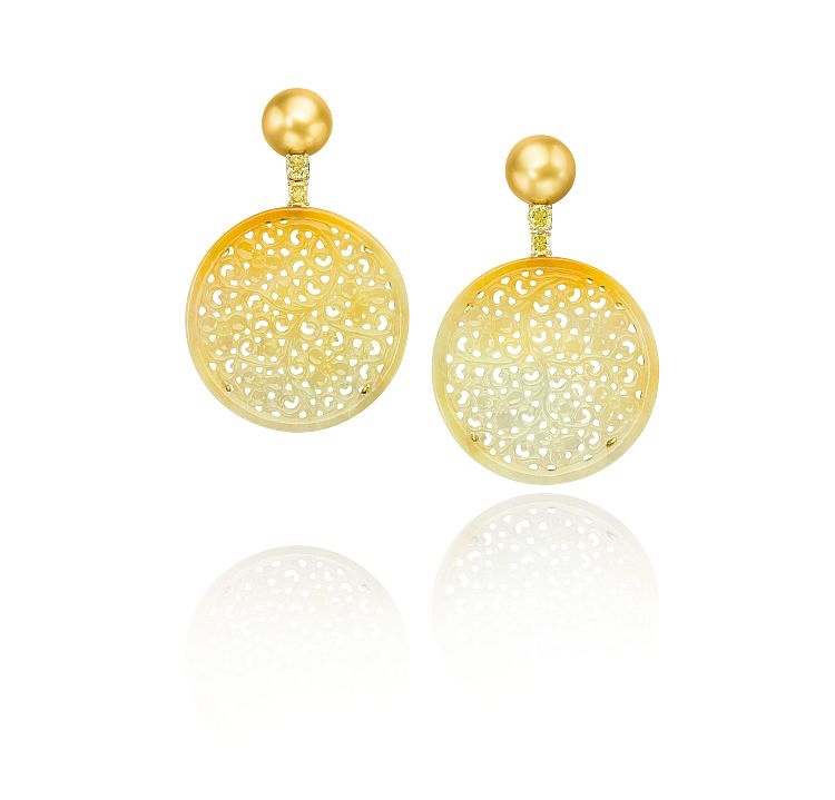 Assael golden South Sea pearl, fancy yellow diamond and carved golden yellow jadeite earrings. 