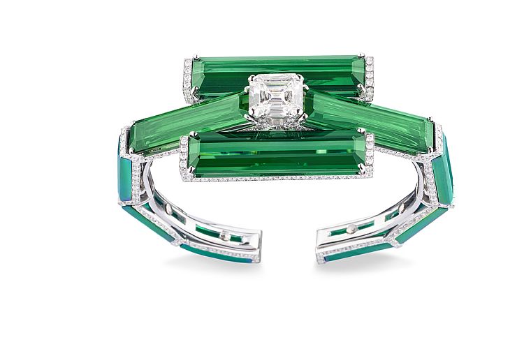 Fabio Salini. Green tourmaline cuff in 18-karat white gold and titanium with an emerald-cut, 3.48-carat diamond. 