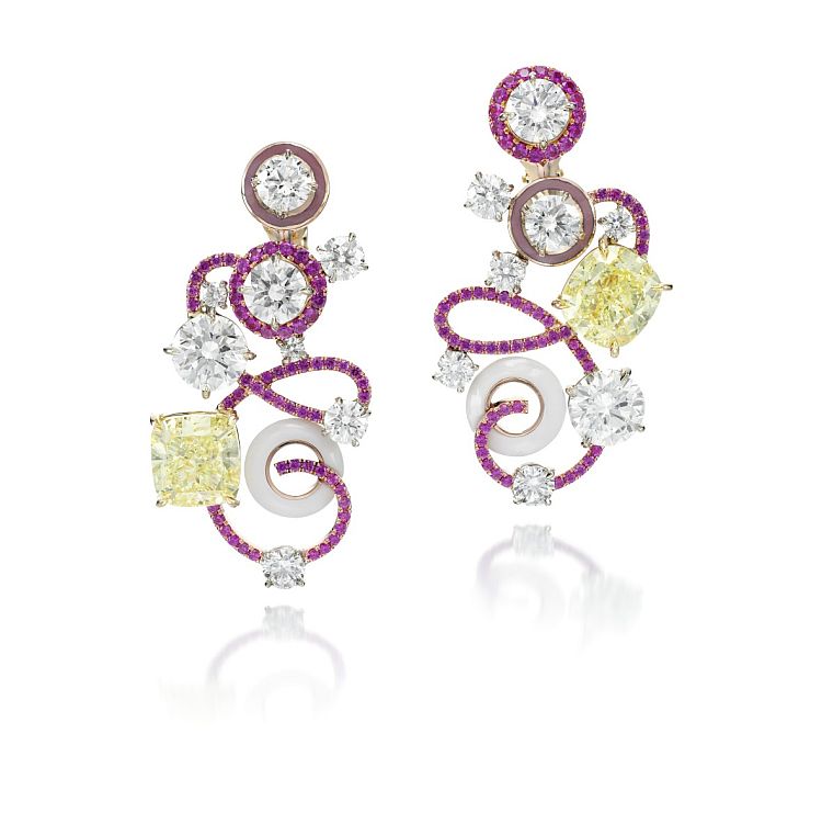 Lily Gabriella for Sotheby's Diamonds. Holi earrings in enamel and rose gold set with two cushion-cut, fancy-yellow diamonds weighing 5.01 carats and 5.03 carats, set in a surround of pavé-set pink sapphires and diamonds. 