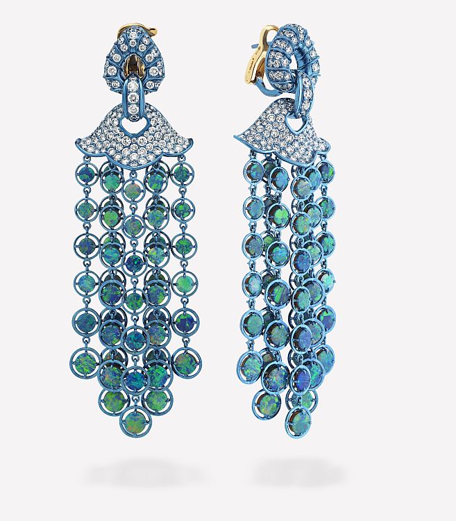 Marina B. Titanium, gold, diamond and opal Pampilles earrings. 