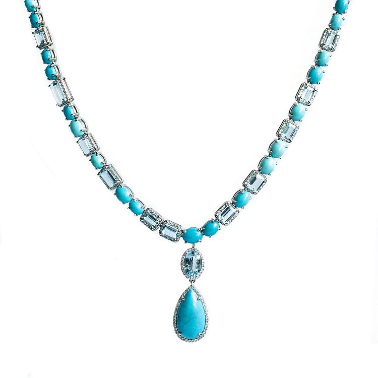 Jordan Alexander Jewelry turquoise and aquamarine necklace with a turquoise drop set in 18-karat white gold. 