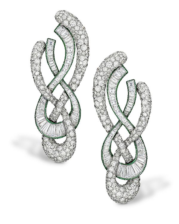 De Grisogono. Earrings in 18-karat white gold and titanium with round and custom-cut, channel-set diamonds and emeralds.