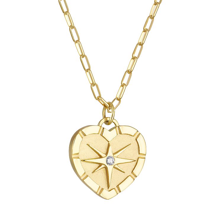 Pamela Zamore. 18-karat yellow gold Eight Point Heart pendant on a cable chain set with a single diamond at its center. 