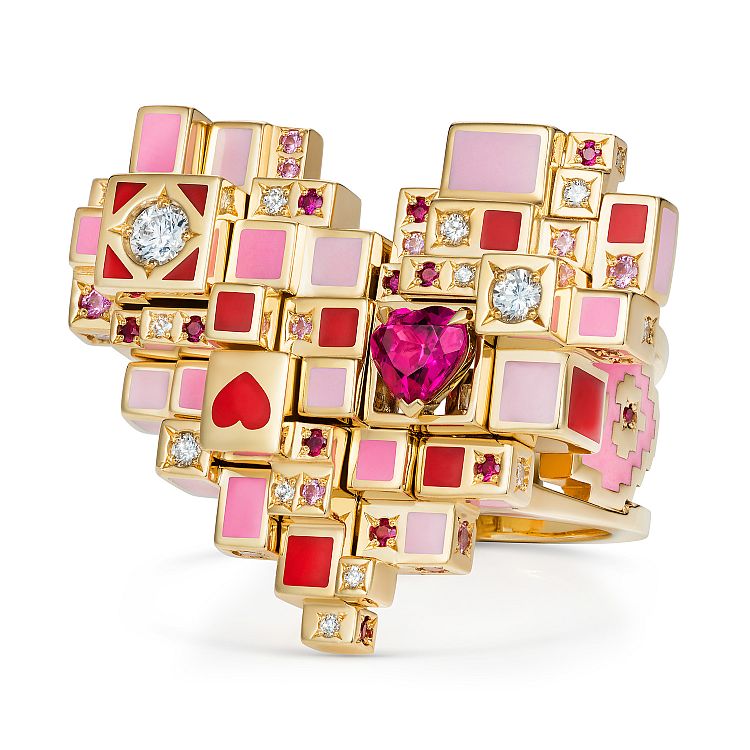Aisha Baker. The Ever After ring with diamonds, rubies, sapphires and a pink tourmaline in 18-karat yellow gold and enamel. 