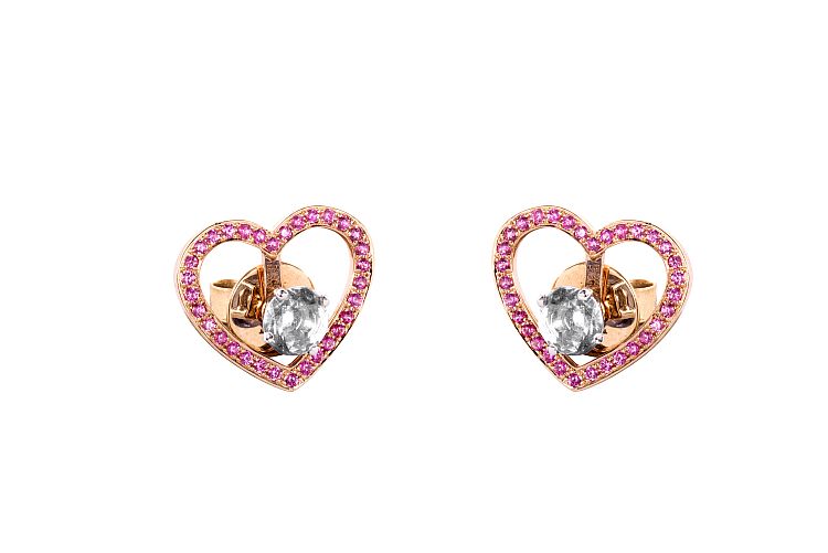 Alice van Cal. Heart Halo earrings in 18-karat rose gold with central diamond studs and removable pink sapphire-set heart jackets. 