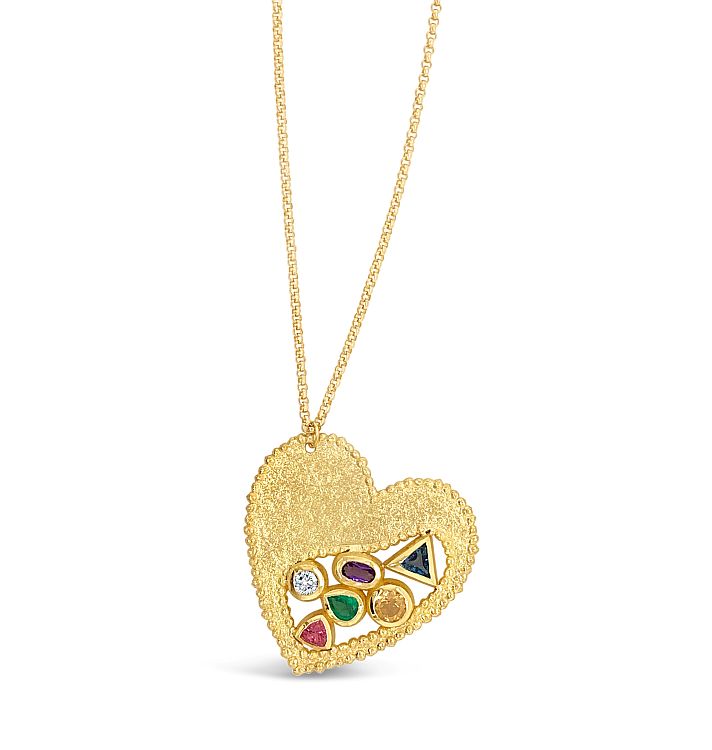 Laurence Vandenborre. Love pendant in 18-karat yellow gold with a diamond and a cluster of colored gemstones in mixed cuts.