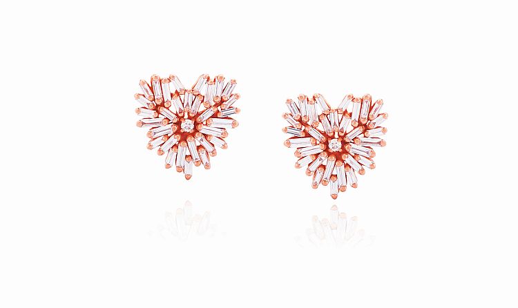 Suzanne Kalan. Small Heart stud earrings in 18-karat rose gold with baguette-cut diamonds fanning out from a central round diamond. 