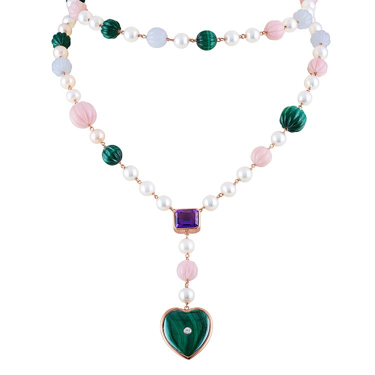 Nana Fink. Sophistiquée 18-karat rose gold necklace with Andean opal, malachite, chalcedony, diamonds and pearls. 
