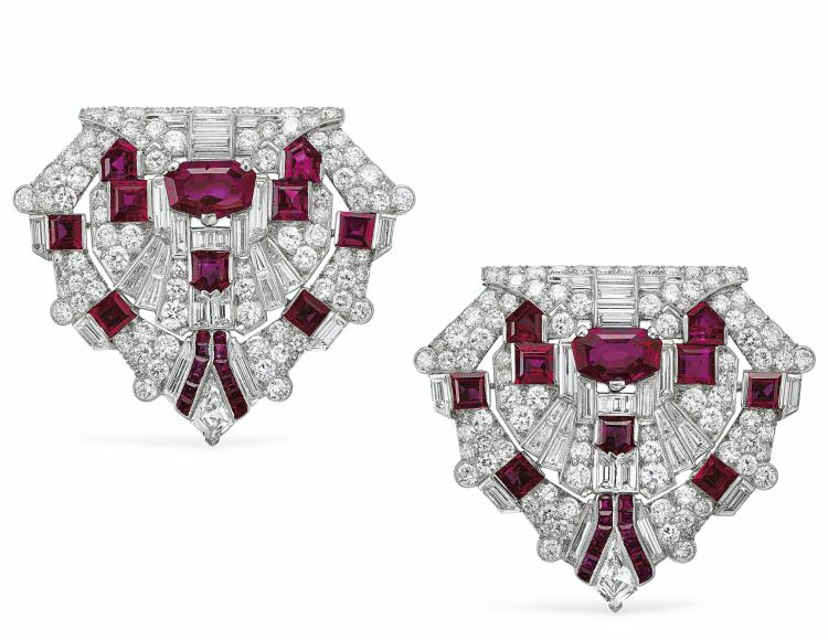 Raymond Yard double clip brooch set with diamonds and rubies sold at Christie’s New York, April 2019.