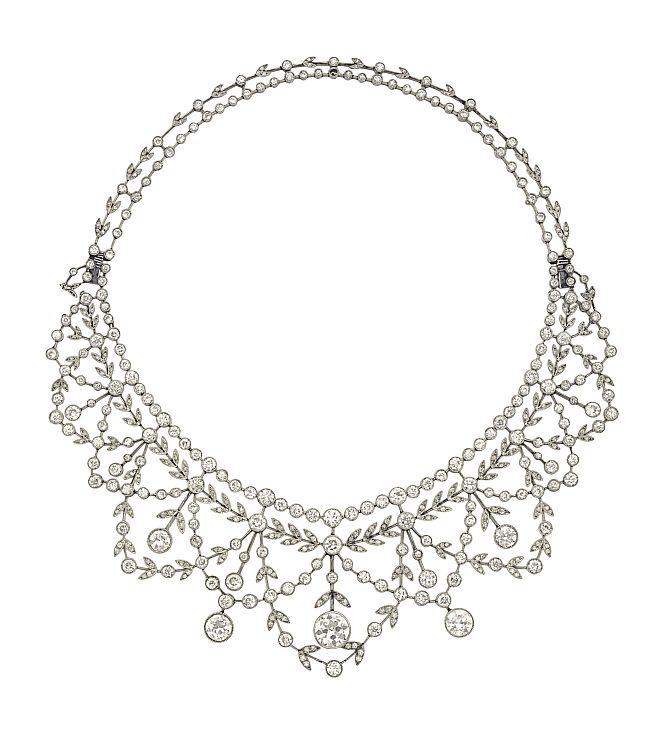 Antique diamond and platinum necklace, designed as an openwork foliate bib interspersed with old-cut diamond leaves. Image: Christie’s.