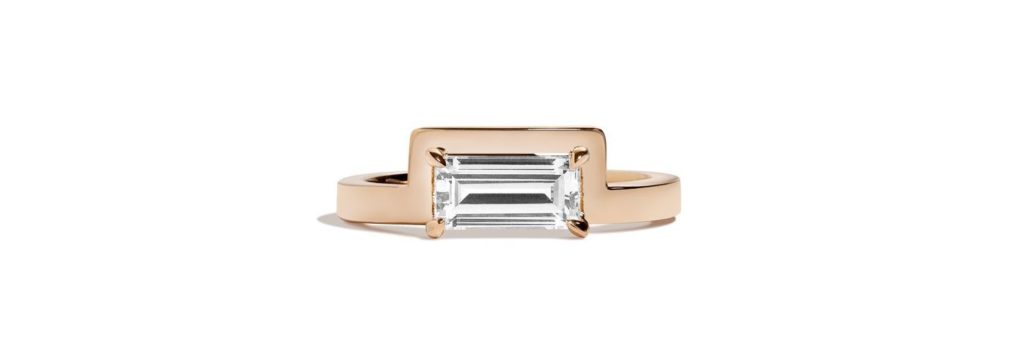Shala Karimi Mies Baguette Notch ring in 14-karat gold from the  Mid Century collection. 