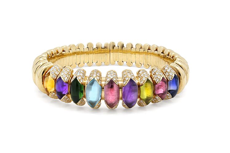 Bulgari multi-gemstone and diamond ‘Celtica’ bracelet in 18-karat gold. Image: Kazanjian & Fogarty. 