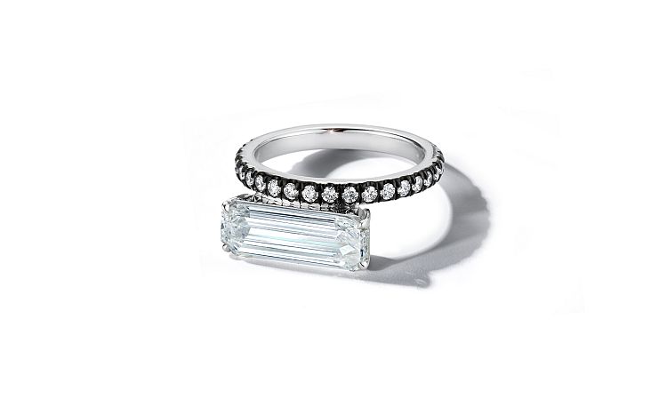 Jemma Wynne bespoke ring with baguette cut diamond and diamond band