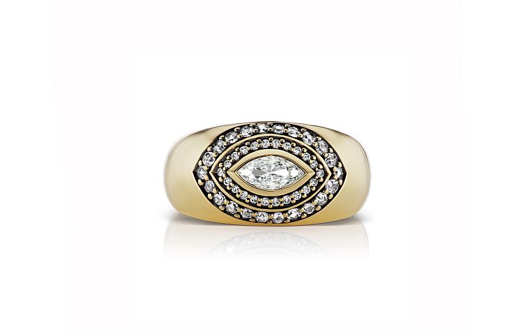 Sorellina ring with marquise diamond and double diamond halo in yellow gold. 