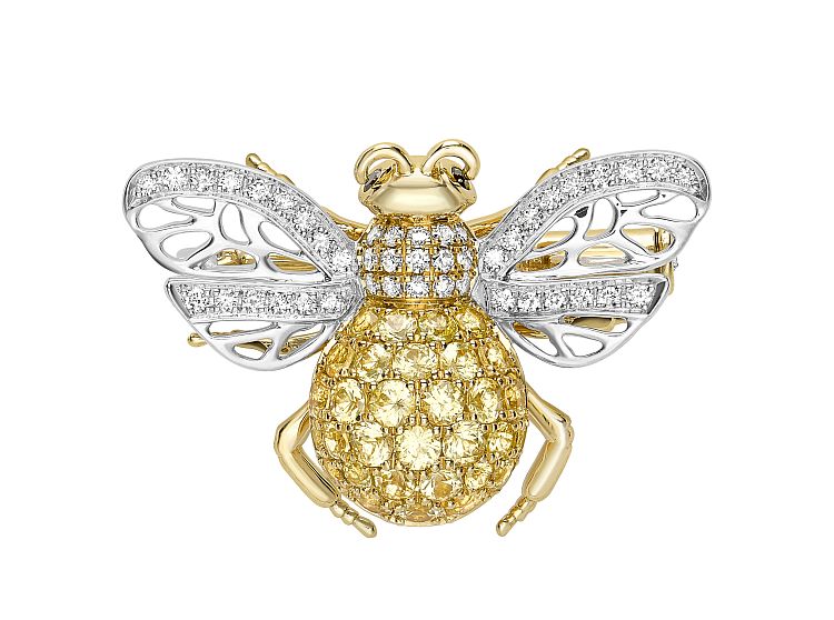 Theo Fennell 18-karat yellow and white gold  Bee Brooch- Small set with orange sapphire, diamonds and black diamonds. 