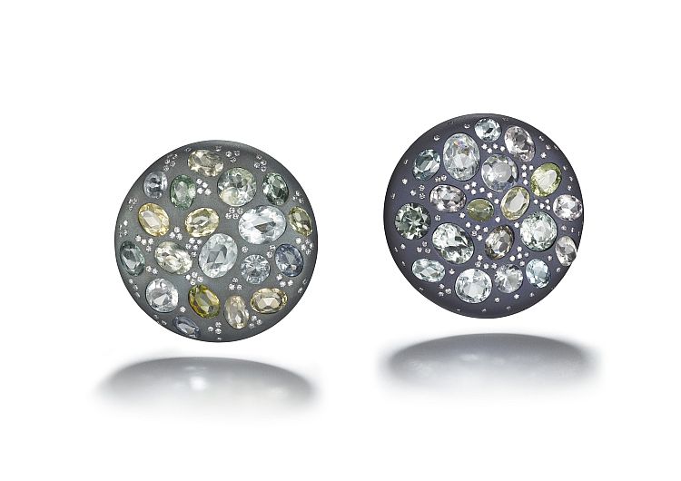 Suzanne Syz Caribbean Summer earrings in white gold and titanium set with 34.54 carats of aquamarines and diamonds. 