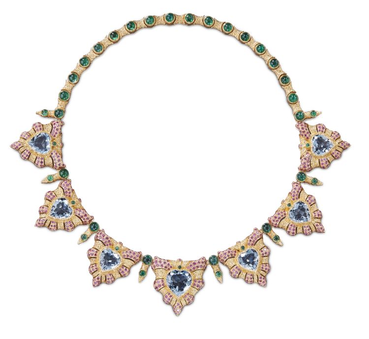 Buccellati yellow gold necklace with emeralds, pink sapphires and aquamarines, 1992.