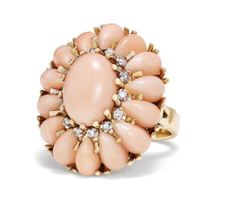 A yellow gold, pink coral and diamond ring from the William & Son Vintage Edit Collection. Image: William & Son.