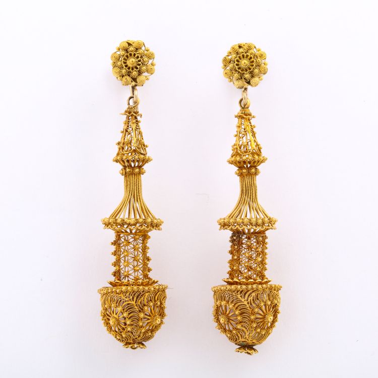 Pair of gold filigree pendant earrings from A La Vieille Russie. 