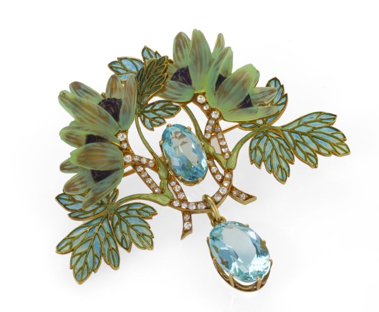 Art Nouveau brooch by Lalique from Macklowe Gallery with aquamarine, diamond and plique-à-jour enamel.