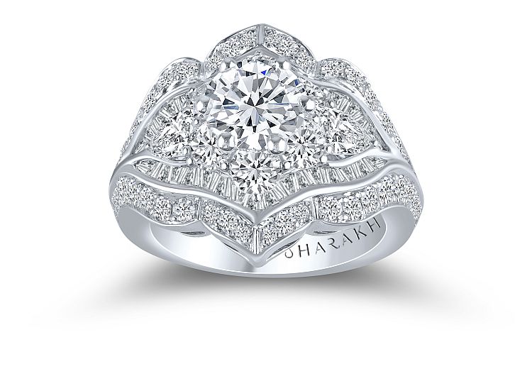 Harakh. The Haveli Mughal monument inspired this 18-karat white gold ring, which has 5.22 carats of baguette, round and pear-shaped diamonds.