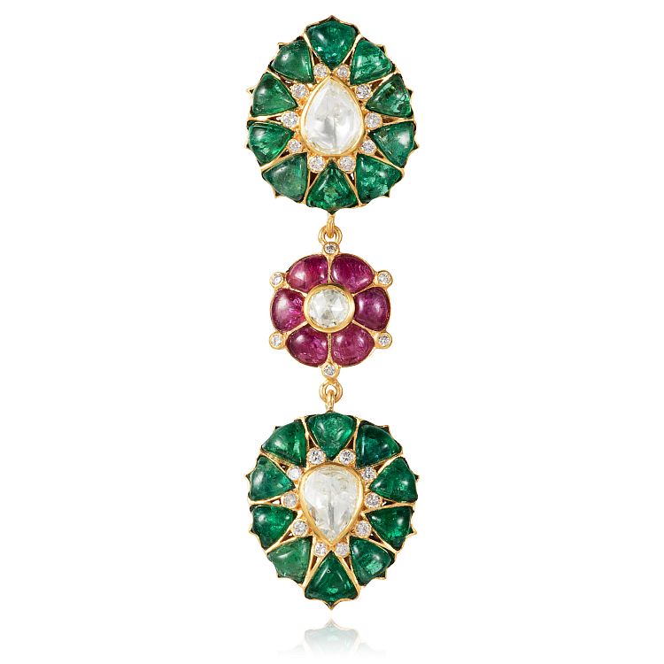Manpriya B. Pendant with cabochon emeralds, cabochon rubies, and rose-cut and round diamonds in 18-karat yellow gold. 