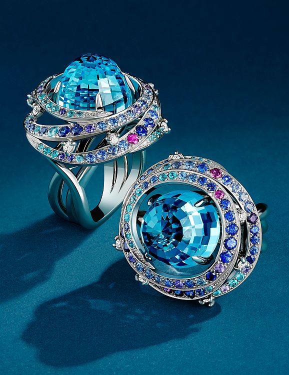 The Gallactica ring, white gold, sapphires, tourmalines and blue topaz