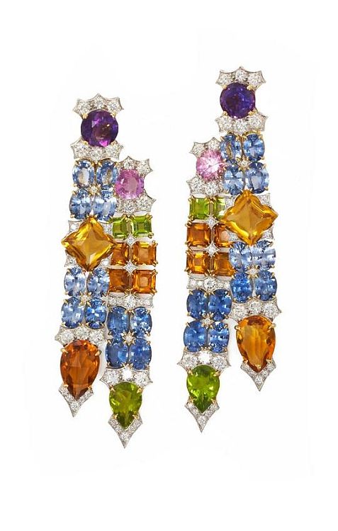 David Webb Streamer earrings with blue, yellow and pink sapphires, tourmalines, citrines, peridot, amethyst and diamonds