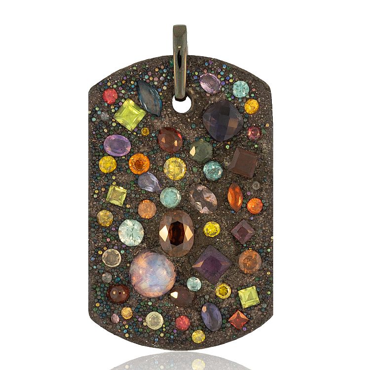 Miles McNeel Tutti Frutti dog tag with sapphires, garnet, peridot, rubies, red  garnets, yellow diamonds, and moonstones in concrete
