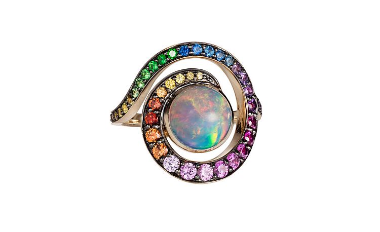 Noor Fares Rainbow Spiral ring with opal, yellow, blue and pink sapphires, amethyst and tsavorites in grey gold. 