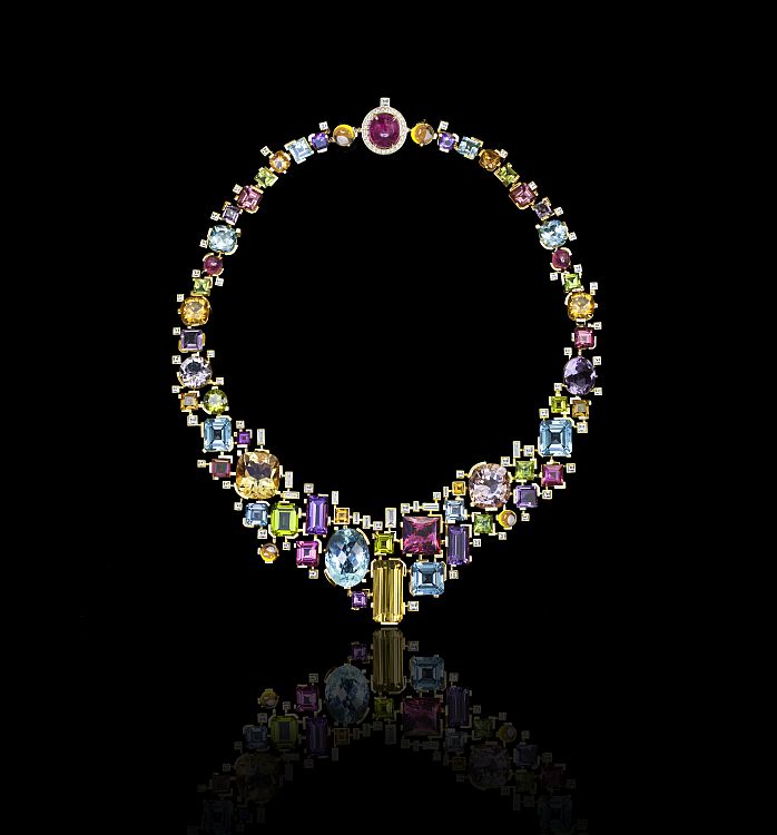 Canturi Cubism Colorburst necklace with diamonds and topaz, citrine, peridot, amethyst and rubellite in yellow gold