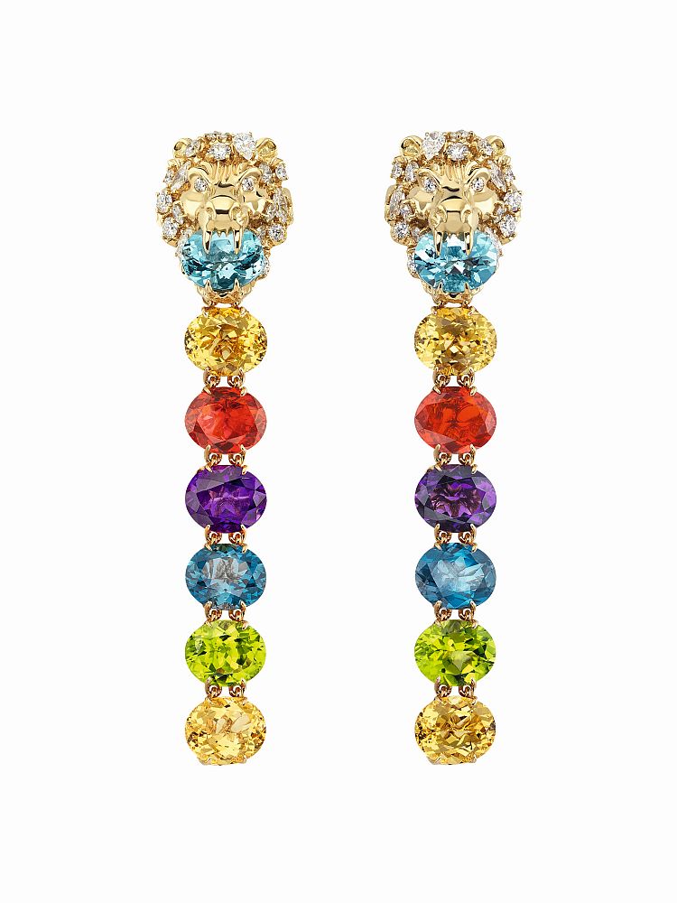 Gucci Hortus Deliciarum earrings with aquamarine, yellow beryl, fire opals, amethyst, London topaz, peridot and diamonds in yellow gold
