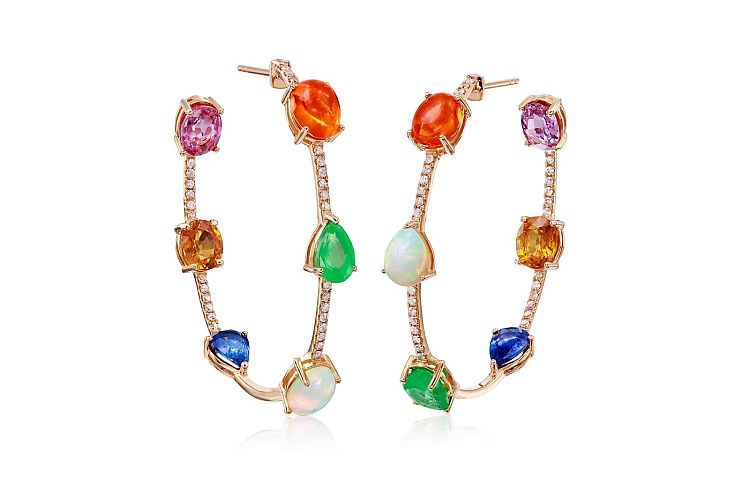 Nina Runsdorf hoop earrings with diamonds, opals, amethyst, citrine, fire opals, emeralds and sapphires in yellow gold. 