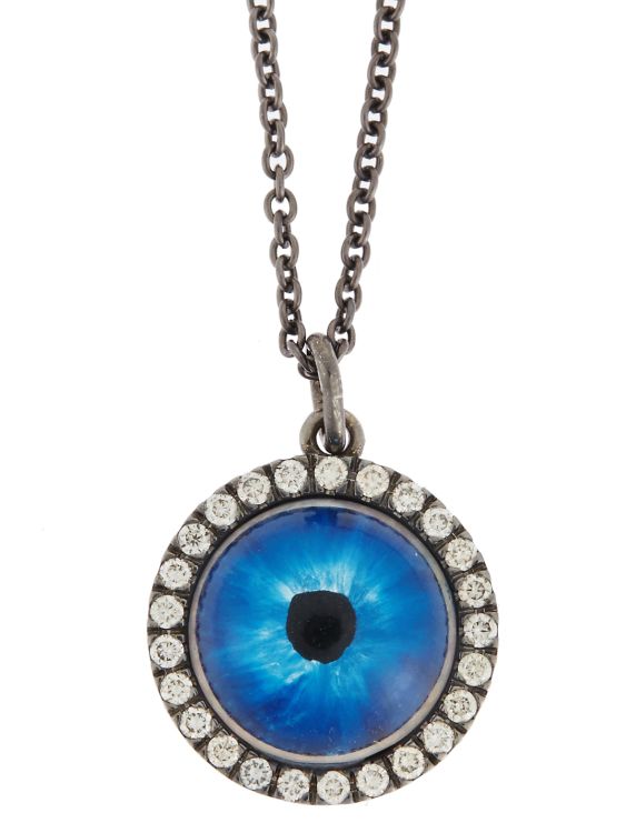 Ileana Makri Evil Eye pendant with a glass cabochon eye motif surrounded by diamonds in oxidized 18-karat white gold.