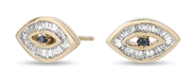 Adina Reyter Evil Eye studs in 14-karat yellow gold with channel-set baguette diamonds and a blue-diamond center.