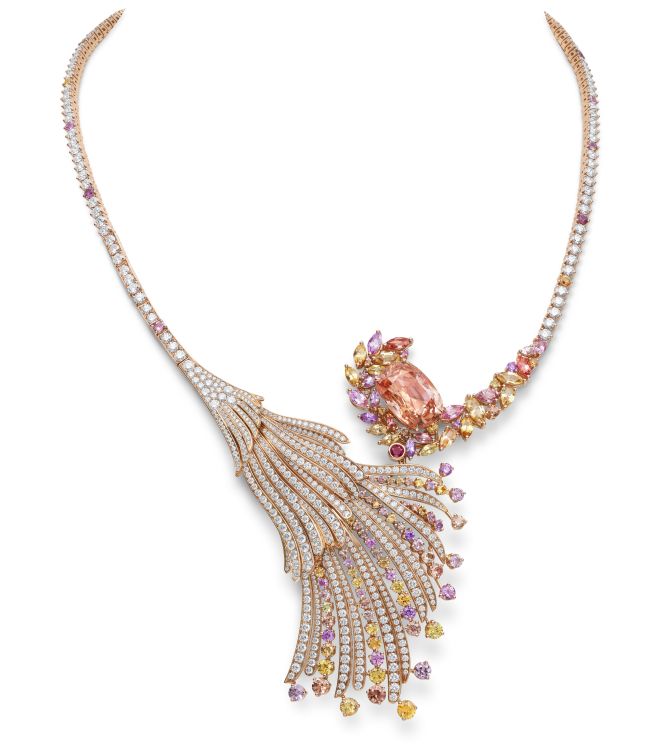 Gübelin Jewellery Blushing Wing necklace featuring a padparadscha sapphire.