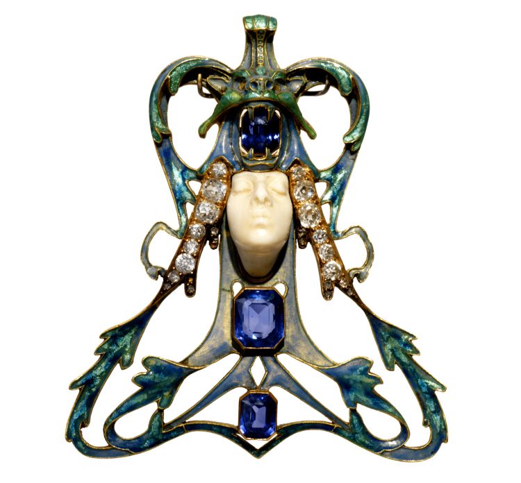 Female face pendant in gold, enamel, ivory, diamonds and sapphires, circa 1897-98. Image: Calouste Gulbenkian Museum.